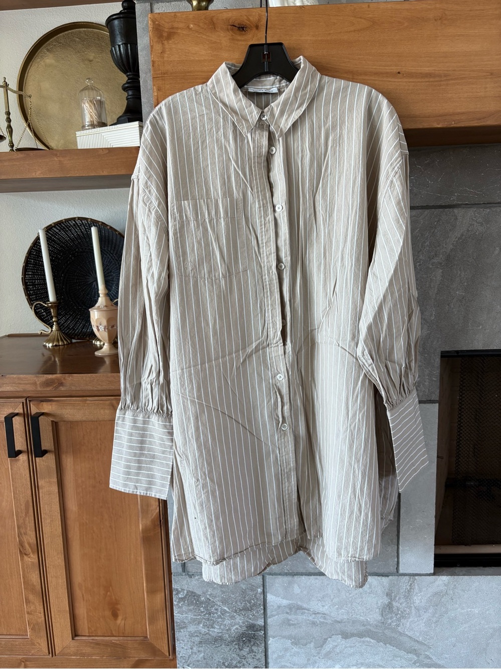 Anine Bing Taupe & White Striped Long-Sleeve Shirt Dress